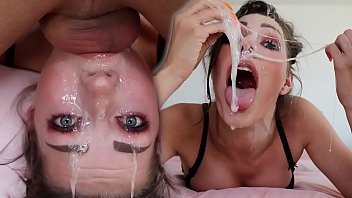 After a blow job, girl shows off her face covered in drool and cum